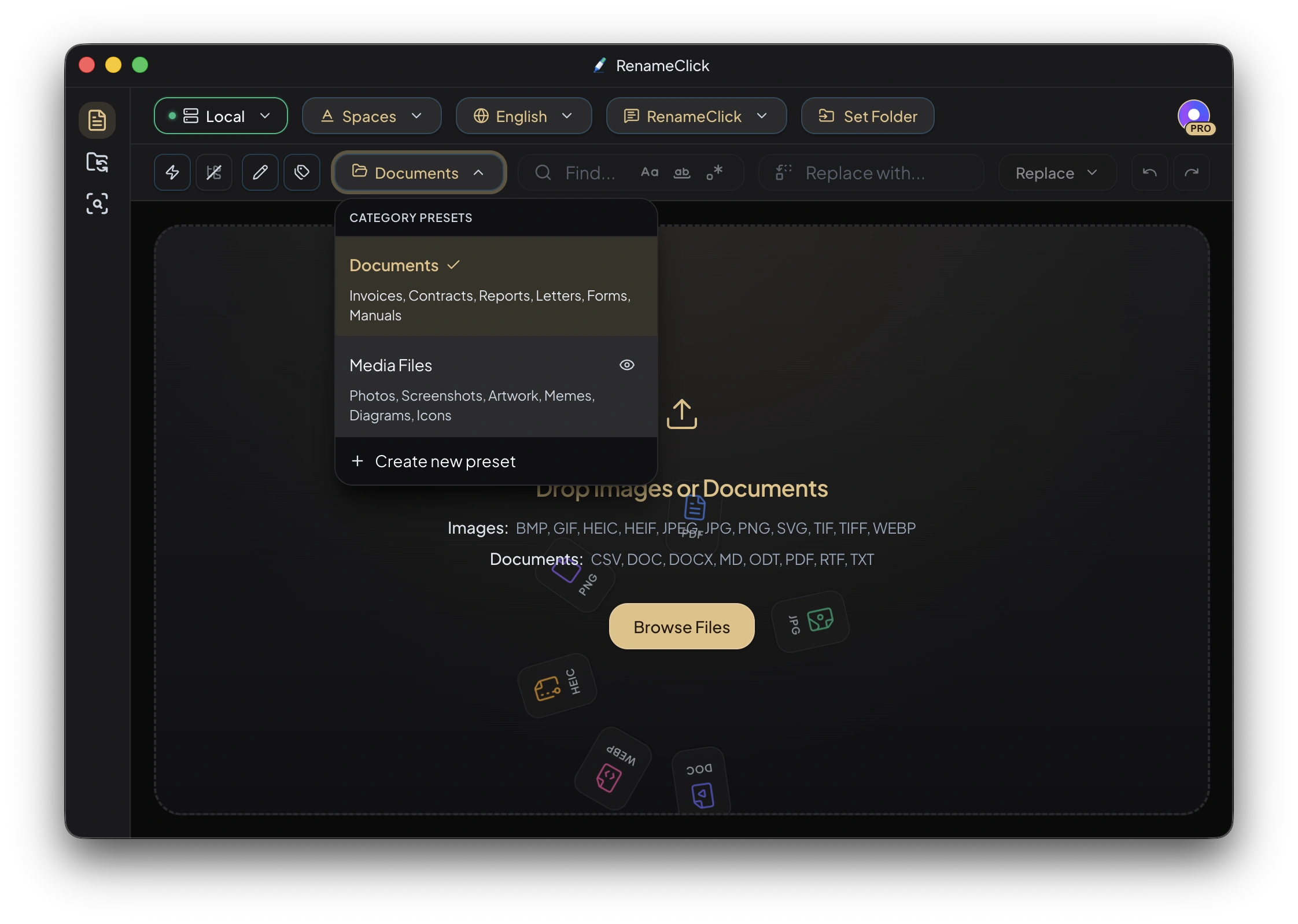 RenameClick categorization settings for organizing documents into folders