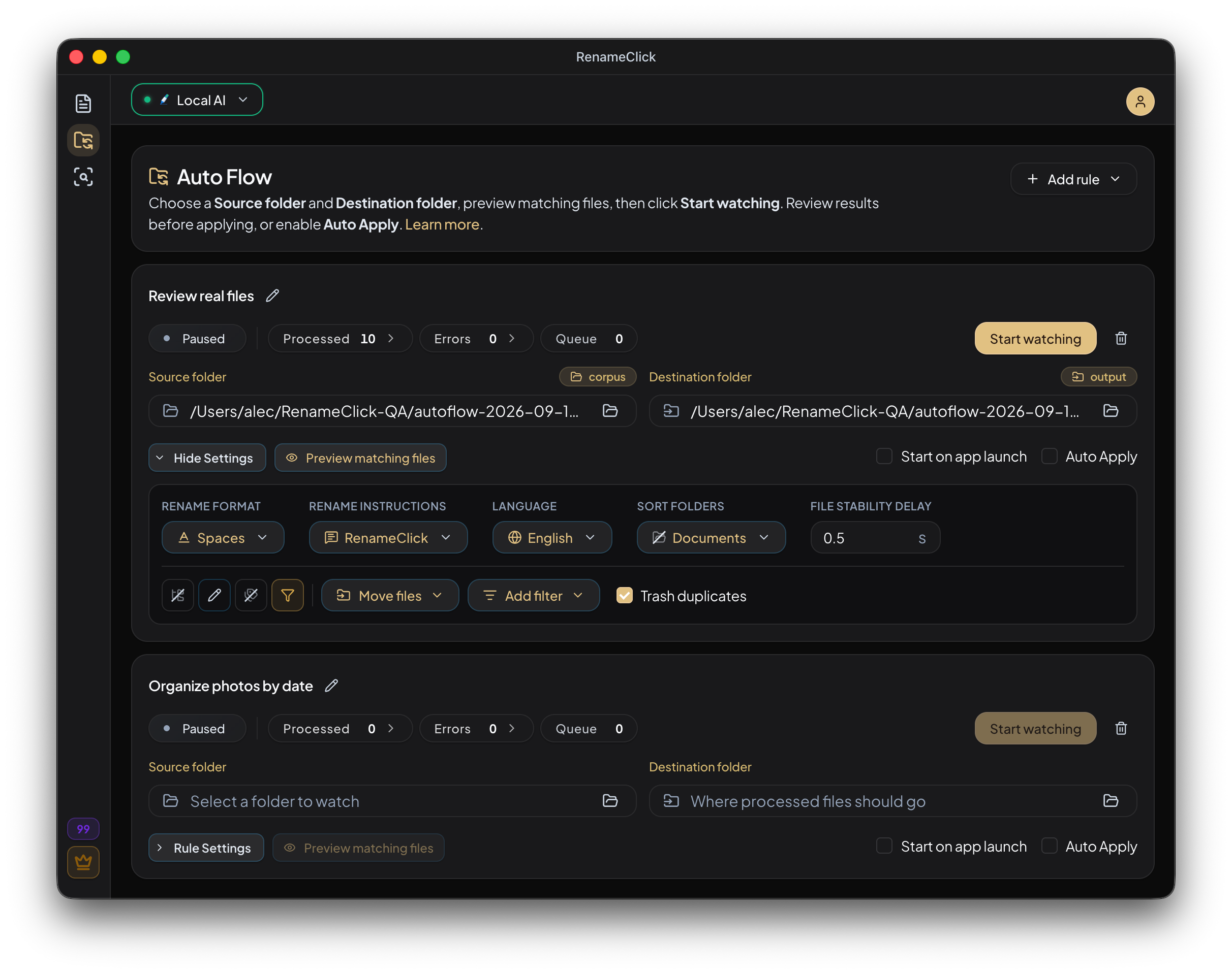 Auto Flow rule settings in RenameClick’s dark theme