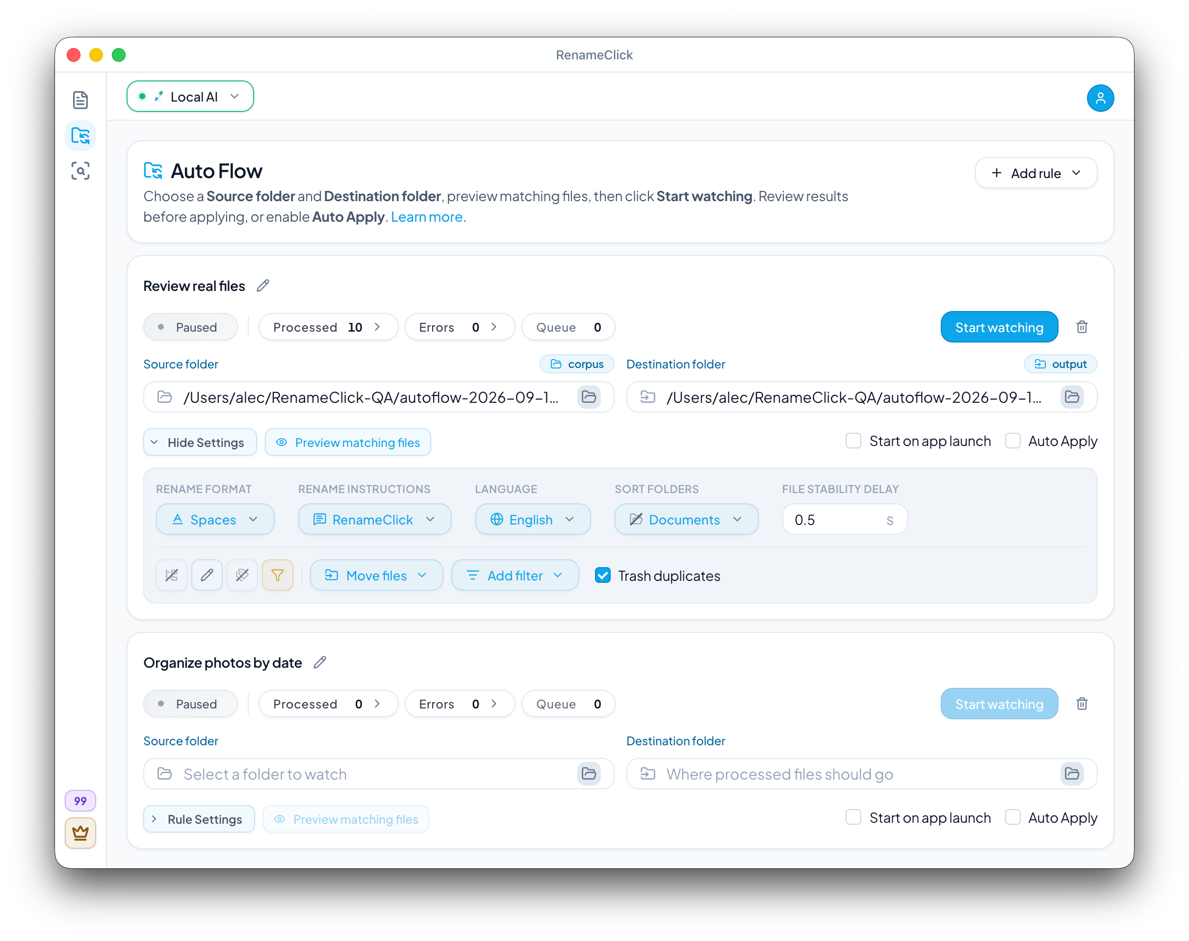 Auto Flow rules in RenameClick with file filters, Move or Copy, and optional duplicate cleanup