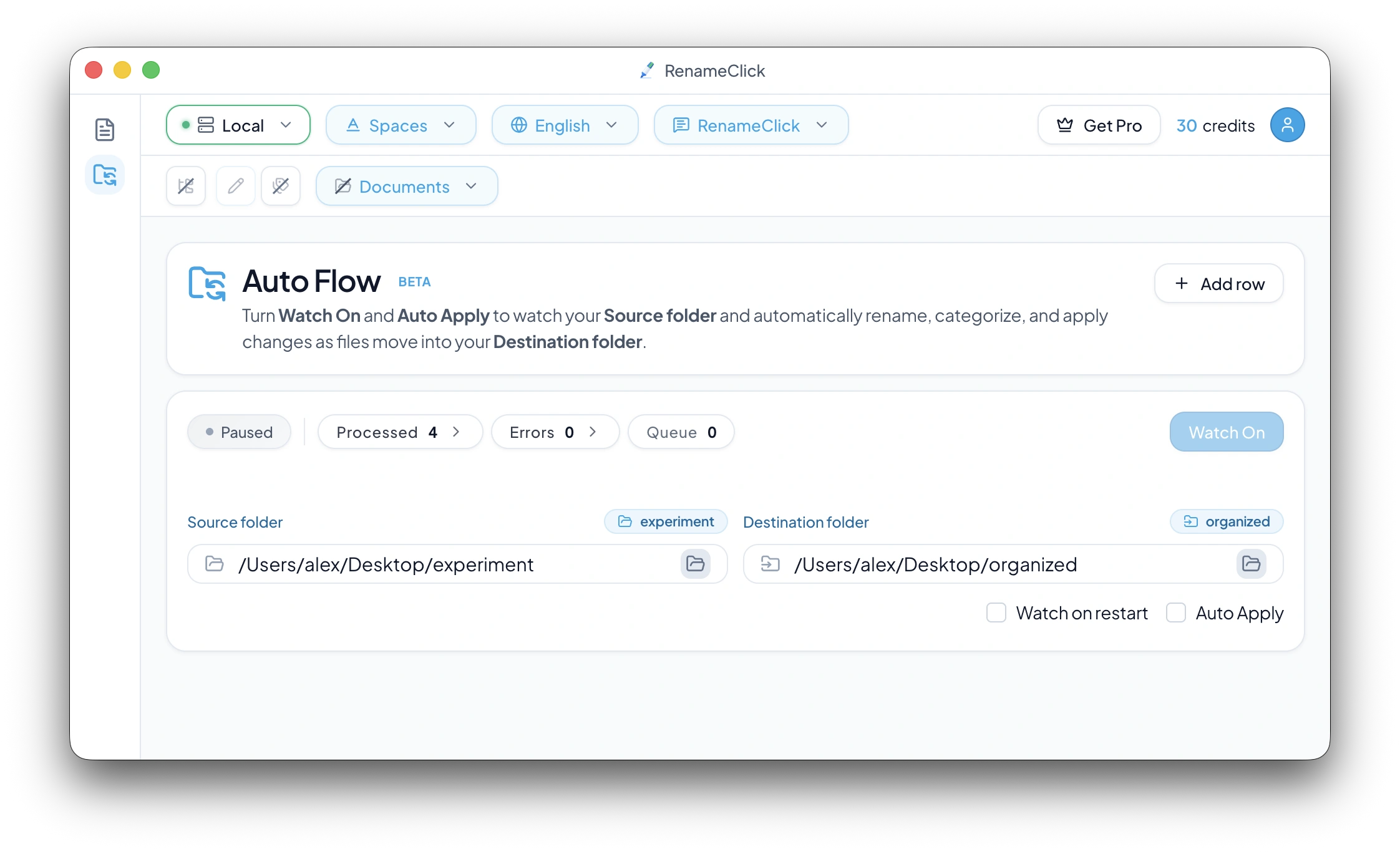 Auto Flow interface for automatic file processing and organization