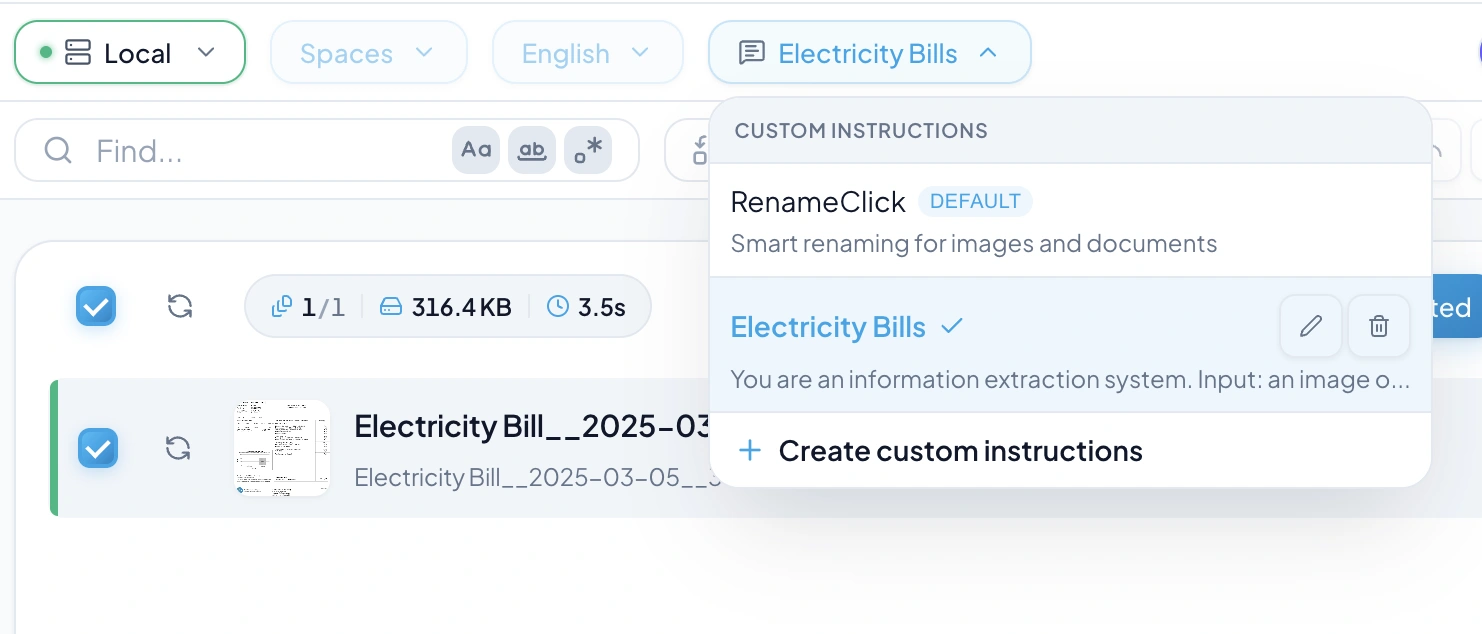 RenameClick custom prompt setup for extracting document fields into filenames