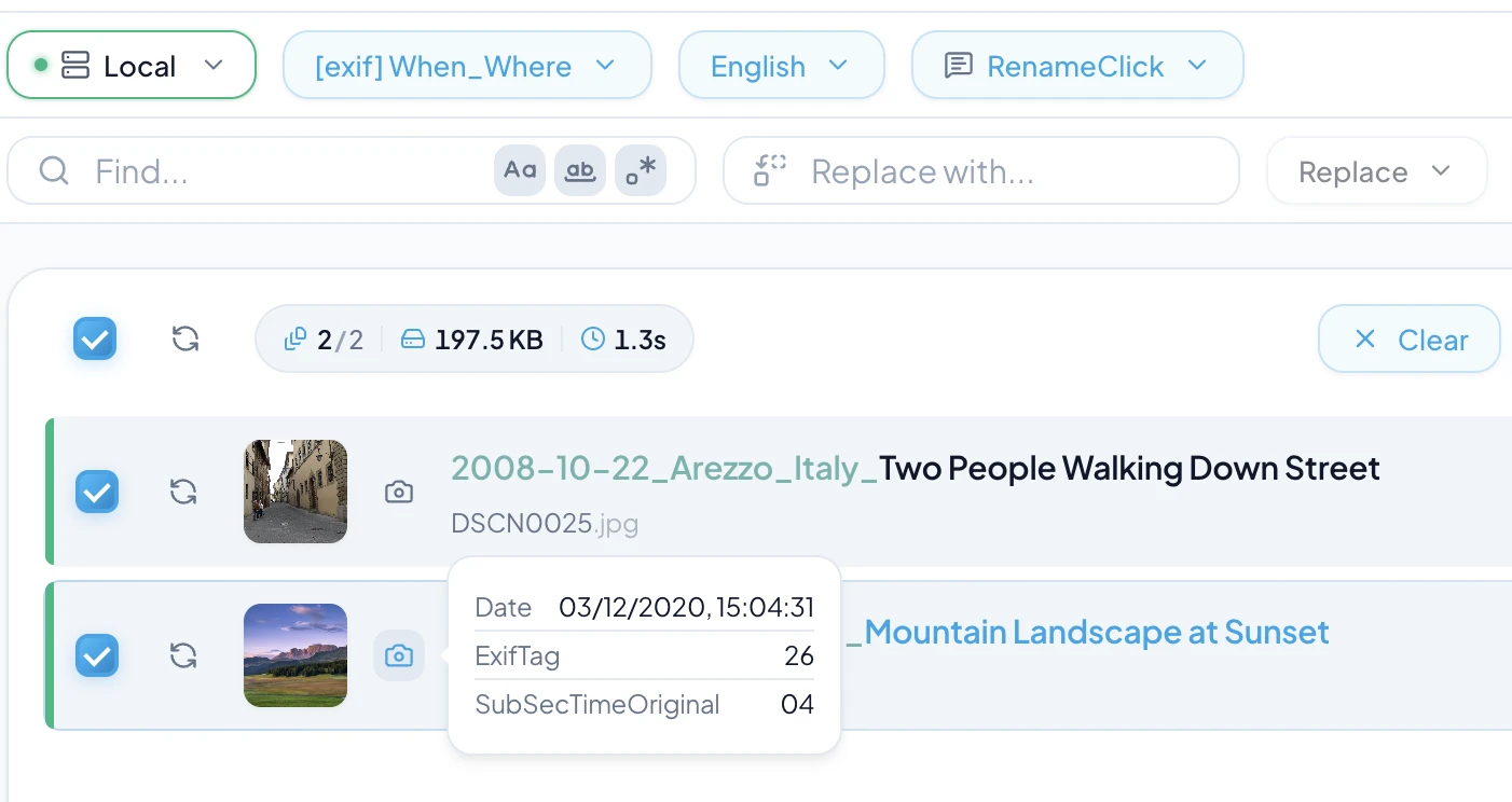 EXIF placeholders used in RenameClick filename patterns