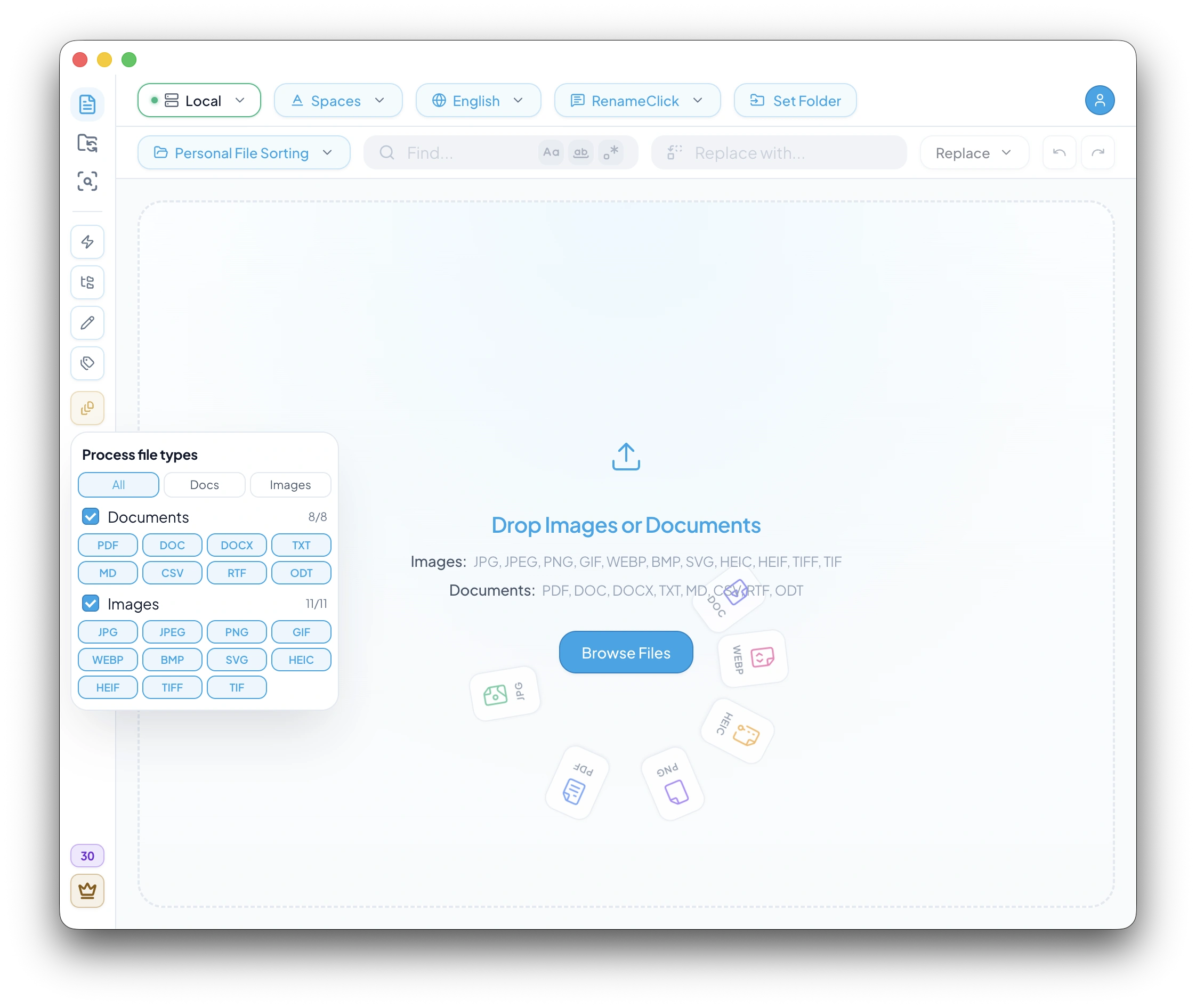 RenameClick file extension filter popover and compact sidebar controls