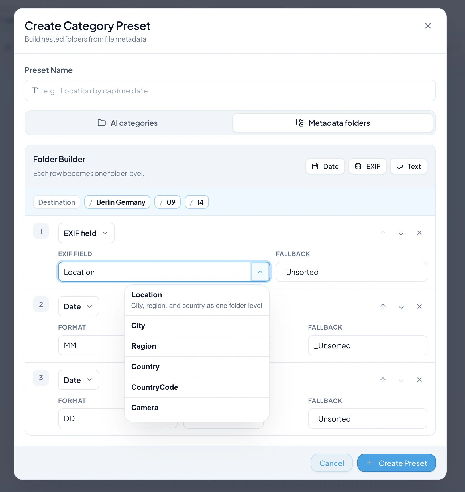 RenameClick Metadata Folders builder with date, EXIF, and text levels