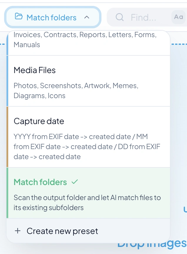 RenameClick sorting preset menu with AI Categories, Metadata Folders, and Match Folders