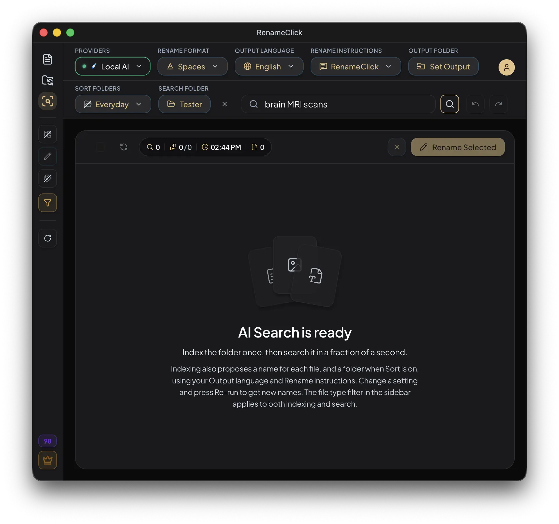 AI Search with a folder chosen and ready to index. Indexing also proposes a name for each file.