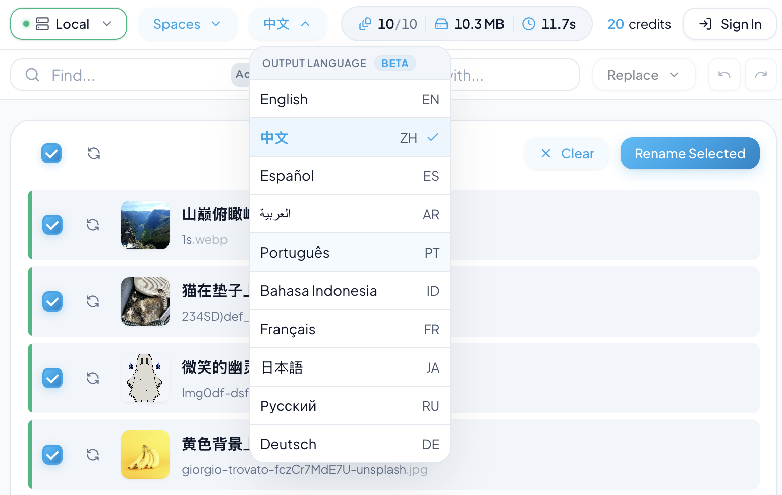 Output Language dropdown for generated filenames