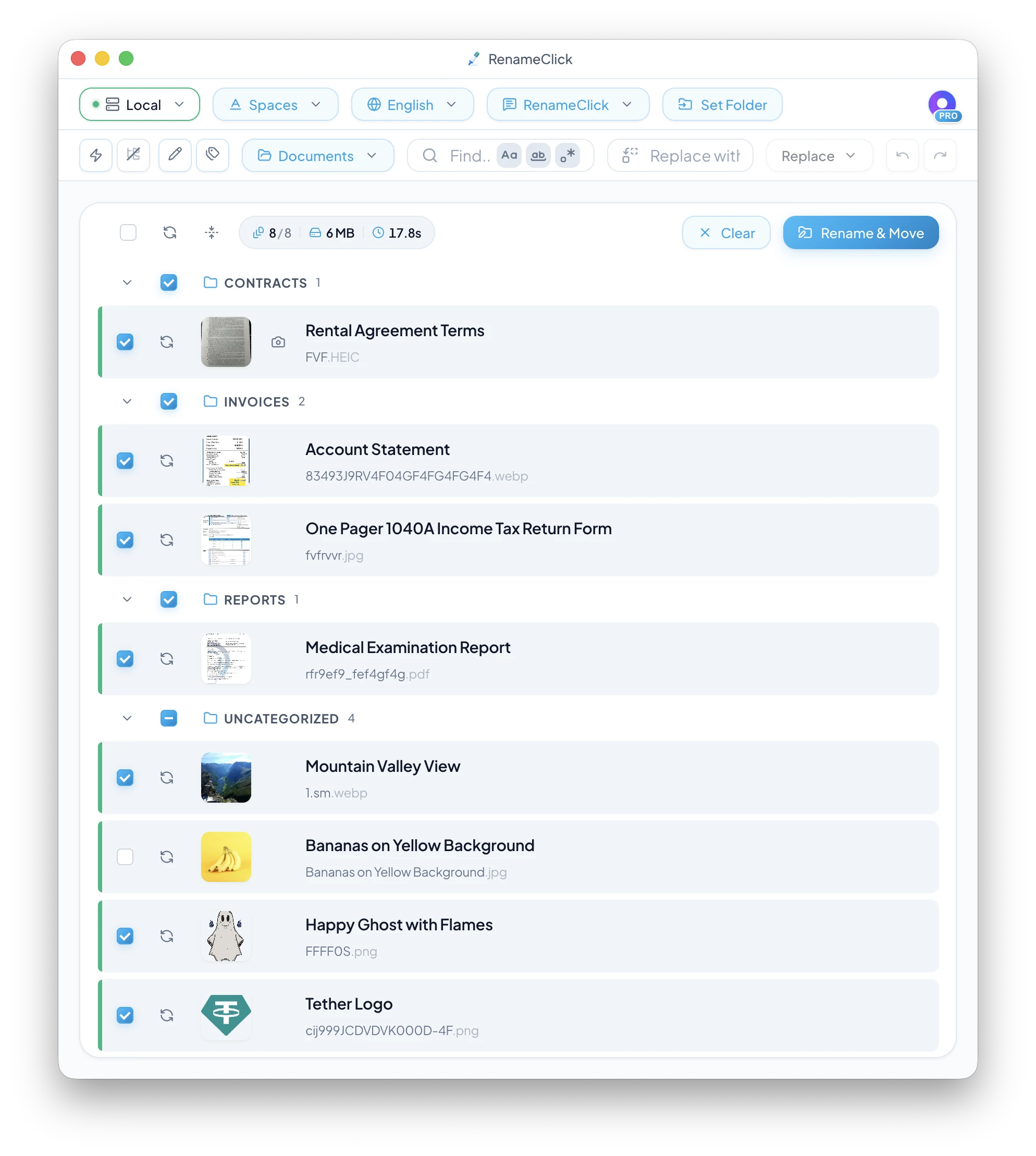 RenameClick offline AI file renamer showing batch rename of images and documents based on content on Mac