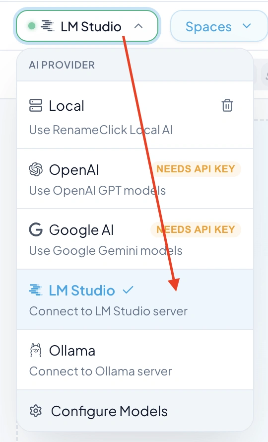 RenameClick provider dropdown showing LM Studio option