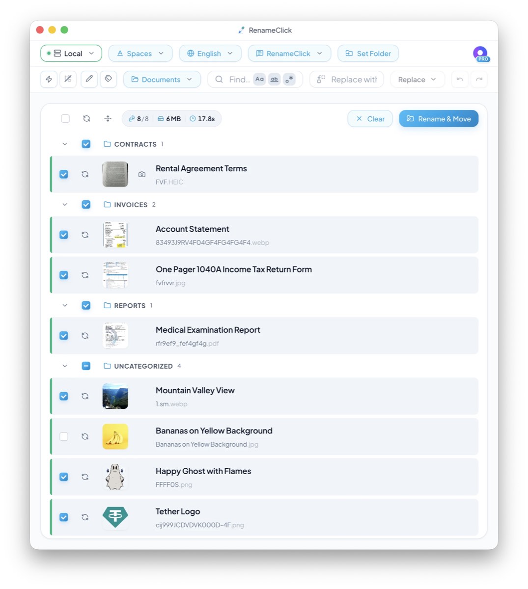 RenameClick offline AI file renamer showing batch rename of images and documents based on content on Mac